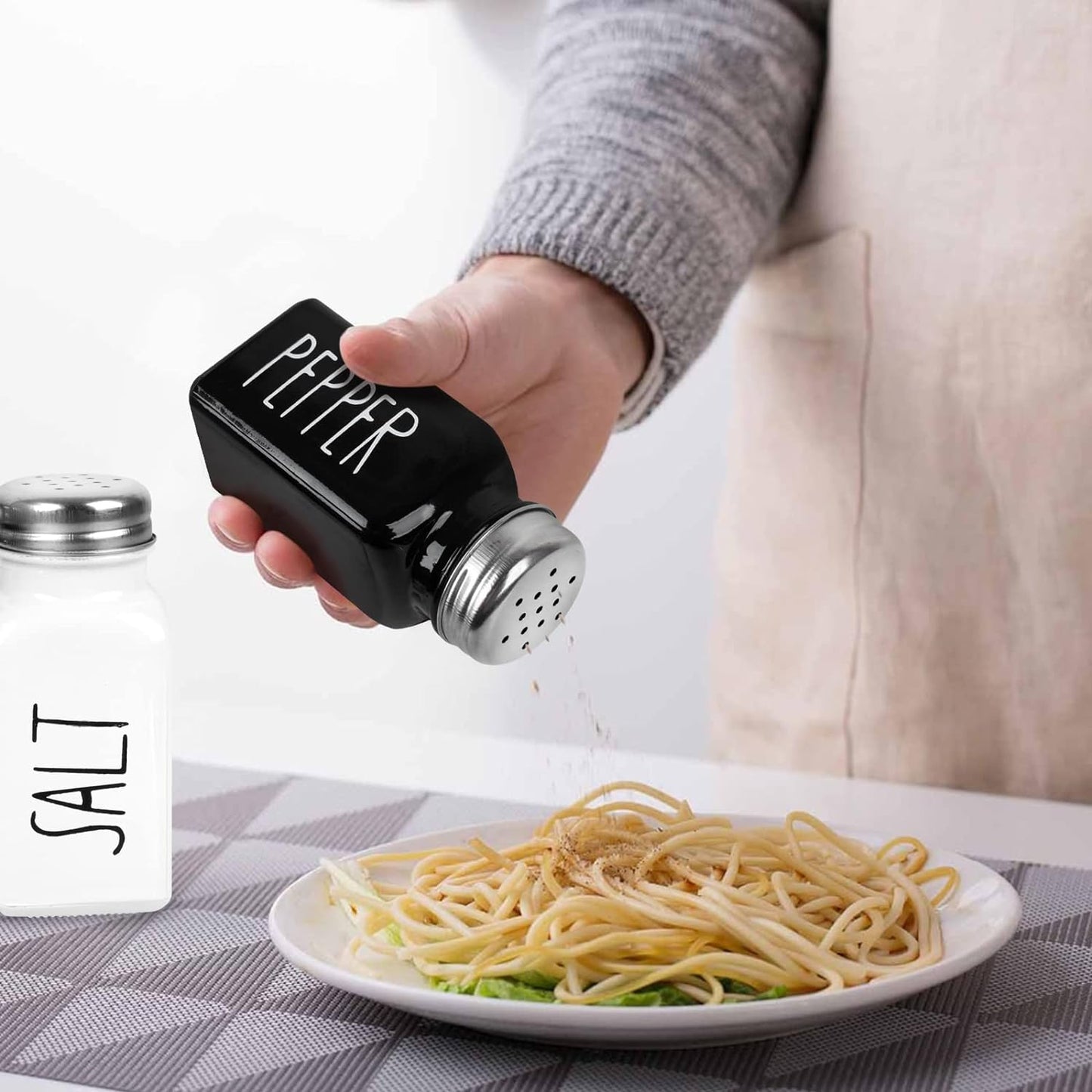 2 Pack Salt and Pepper Shakers Set, Glass Shaker with Stainless Steel Lid, Modern and Cute Farmhouse (Black and White)