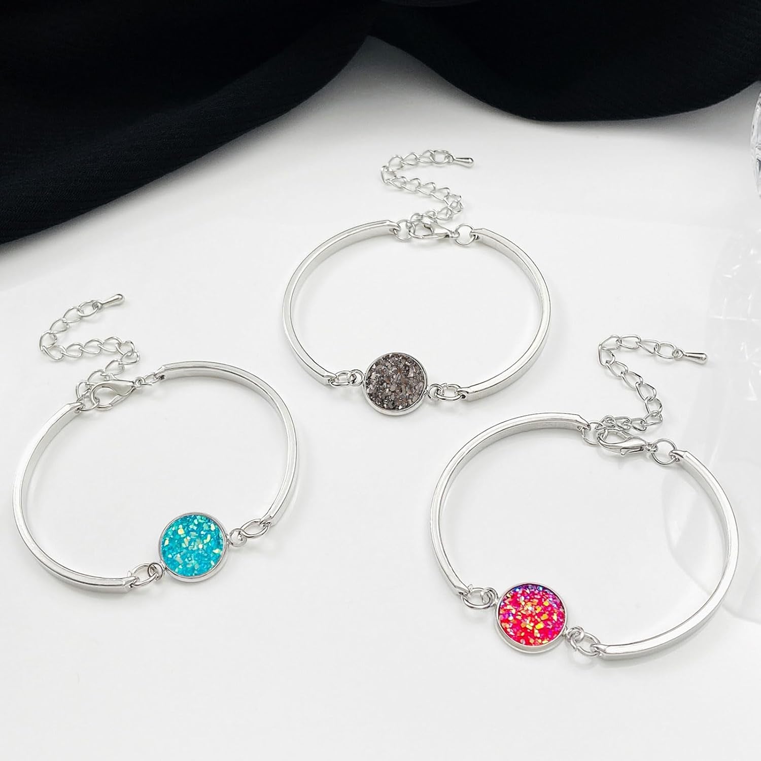 Adjustable Cuff Bangle Bracelet for Women,  Fake Druzy Gemstone Link Bracelet Silver Handmade Healing round Bracelets Boho Statement Bracelet Gifts for Her