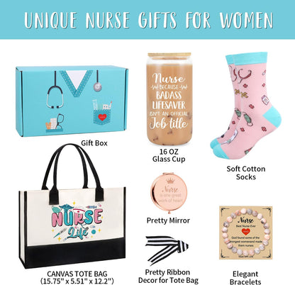 Nurse Gifts for Women, Nurse Appreciation Gifts, Nurses Week Gift, Graduation, Birthday, Christmas, New Year- Nurses 16 Oz Can Glass Canvas Beach Bag Socks Mirror Bracelet