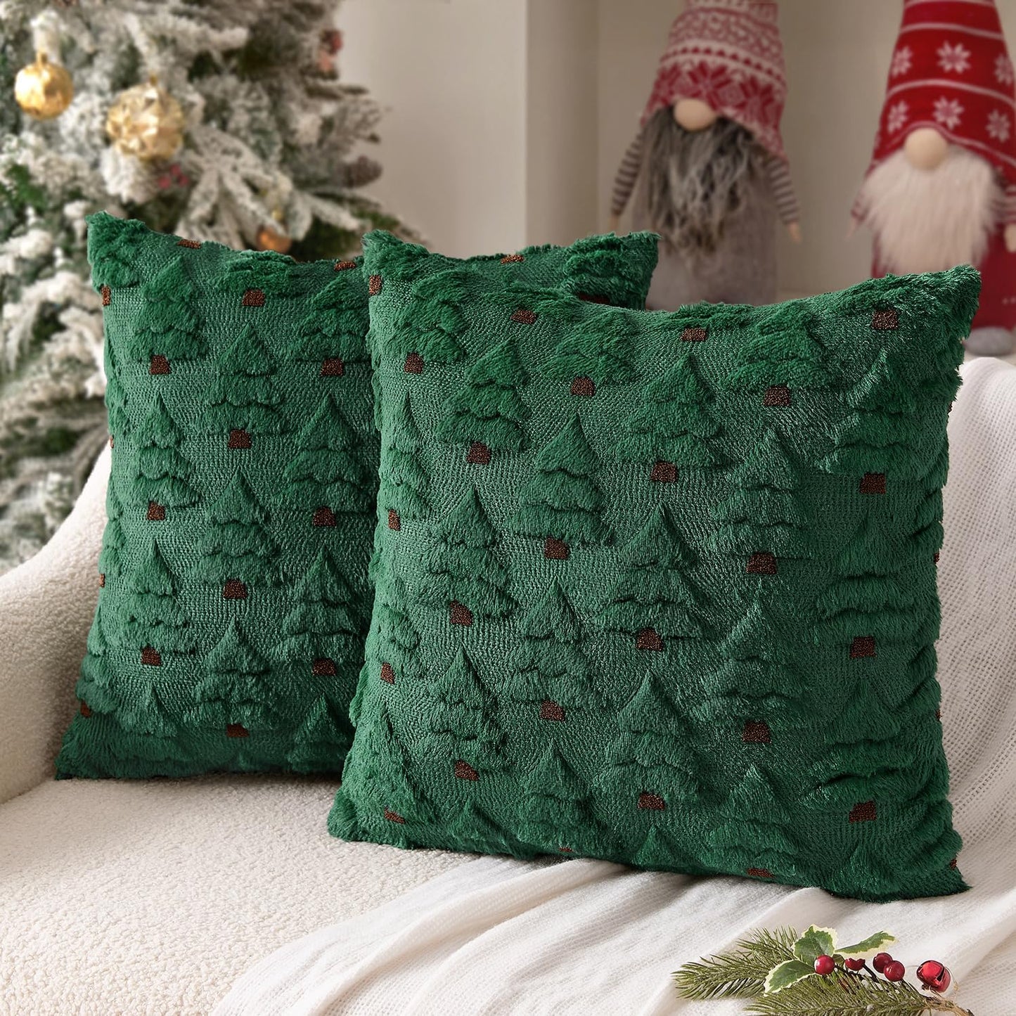 Christmas Tree Decorative Pillow Covers Faux Fur Wool Throw Pillows Soft Plush Cushion Covers Set of 2 Xmas Home Decor Winter Holiday for Sofa Couch Livingroom Bed 18X18 Inch Dark Green