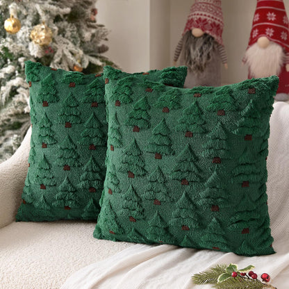 Christmas Tree Decorative Pillow Covers Faux Fur Wool Throw Pillows Soft Plush Cushion Covers Set of 2 Xmas Home Decor Winter Holiday for Sofa Couch Livingroom Bed 18X18 Inch Dark Green