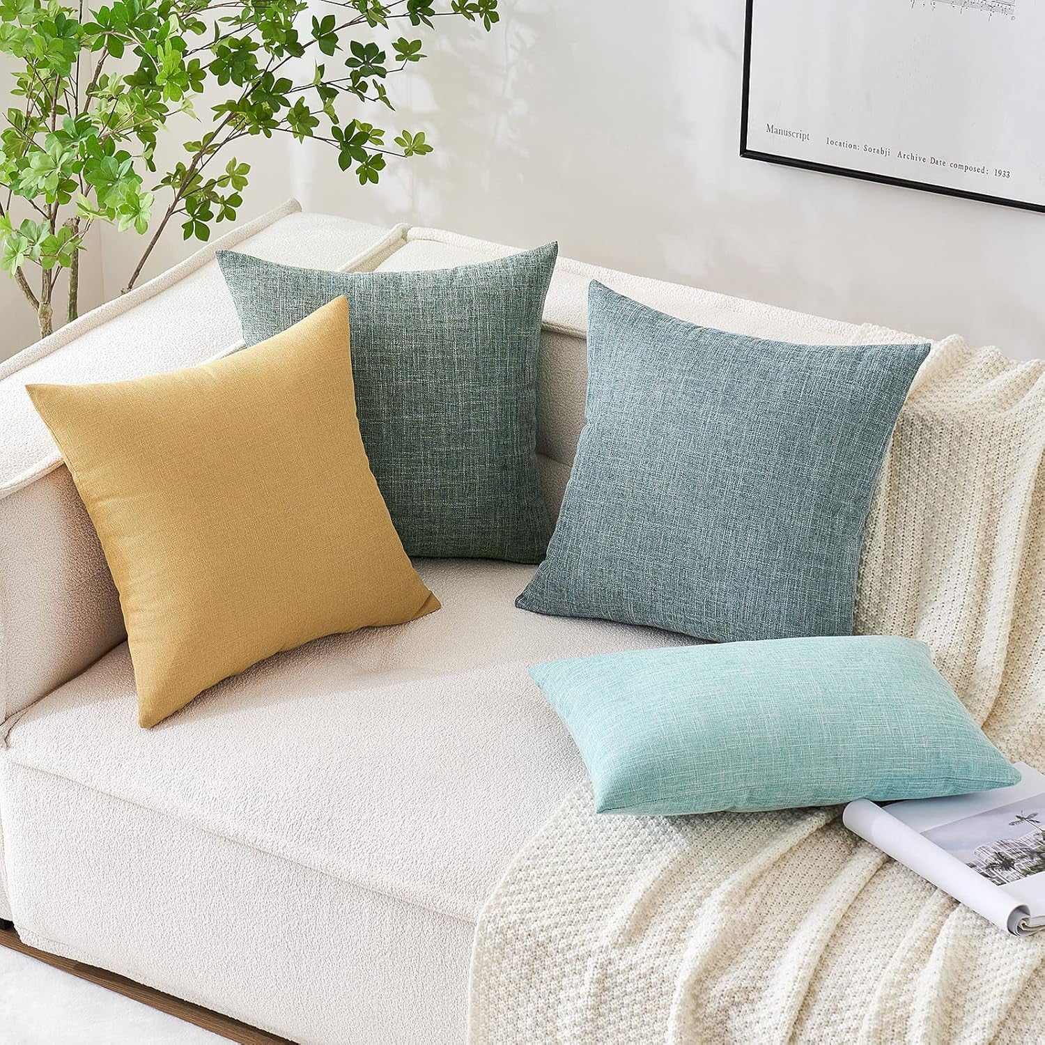 Set of 2 Sage Green Decorative Linen Burlap Pillow Covers for Farmhouse Boho Style, 16x16 Inch Accent Pillowcases for Sofa, Car, Couch, and Bedroom Decor