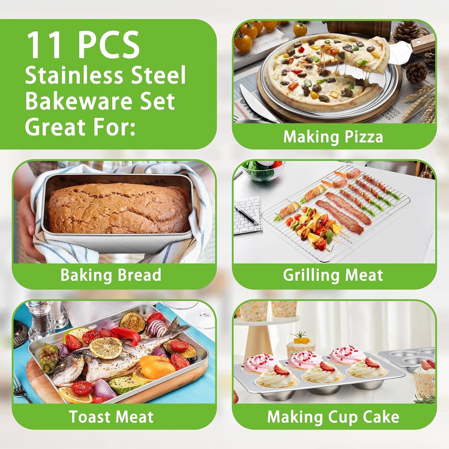 Bakeware Sets of 11,  Stainless Steel Baking Pans Set, Includes Baking Sheets and Rack, Lasagna Pan with Lid, Round/Square Cake Pan, Muffin Pans, Loaf Pan, Reusable & Durable
