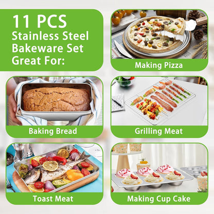 Bakeware Sets of 11,  Stainless Steel Baking Pans Set, Includes Baking Sheets and Rack, Lasagna Pan with Lid, Round/Square Cake Pan, Muffin Pans, Loaf Pan, Reusable & Durable