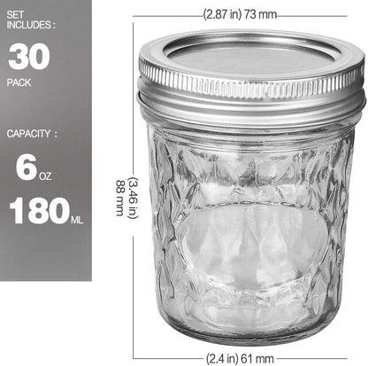 6 Oz Mason Jars - 30 Pack Canning and Jelly Jars with Lids, Perfect for Jam, Honey, Wedding and Shower Favors