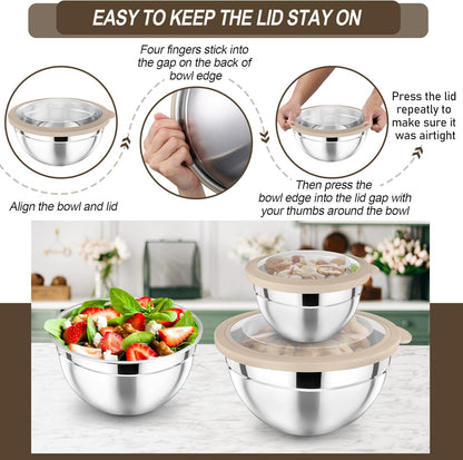 Mixing Bowl with Lid Set of 7, Stainless Steel Nesting Salad Bowls for Cooking Serving Prepping, Clear Lids & Stackable Design, Size 4.6, 3.5, 3, 2, 1.5, 1, 0.7 Qt - Khaki