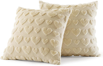 Set of 2 Beige Mothers Day Valentines Pillow Covers Heart Love Decorative Cute Throw Pillows 18X18 Inch Soft Plush Faux Wool Farmhouse for Spring Sofa Livingroom Bed