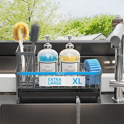 Extra Large Sponge Holder for Kitchen Sink Organizer Caddy, Dish Brush Scrubber Holder,Stainless Steel Sink Box Utensil Holder,Soap Dispenser Set Tray Counter Accessories(Grey)
