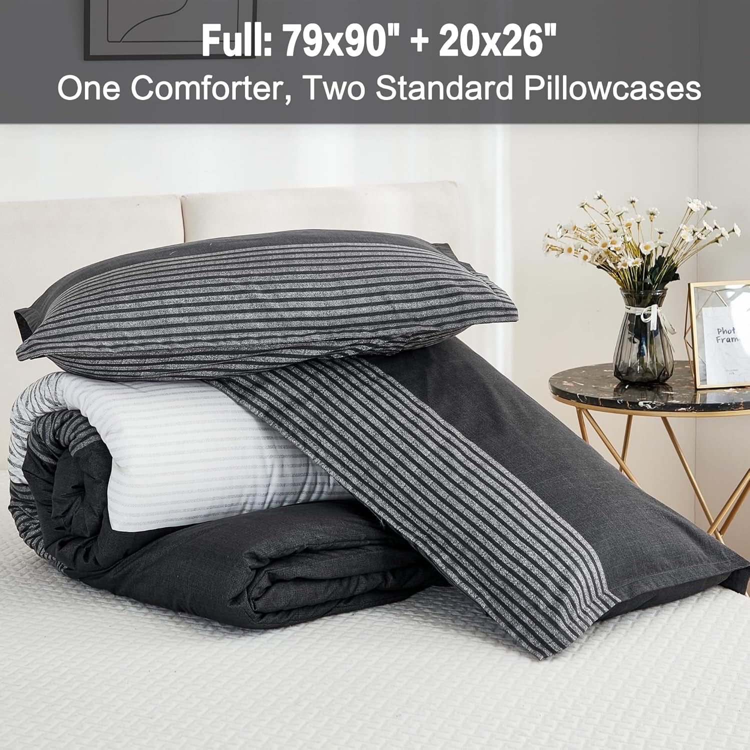 Full Size Comforter Sets Black White Grey - 3 Pieces Lightweight Bedding Set, All Season down Alternative Comforter (1 Comforter, 2 Pillowcases)