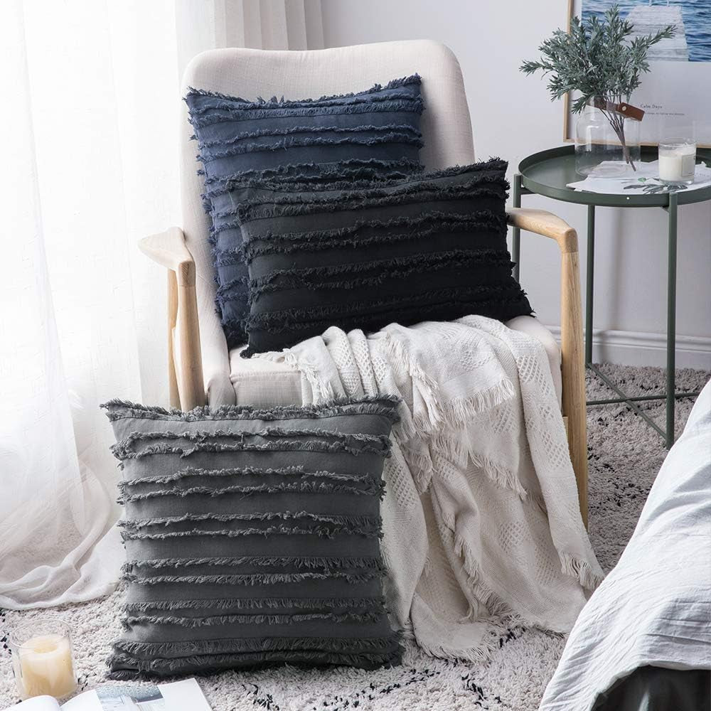 Set of 2 Decorative Boho Throw Pillow Covers Linen Striped Jacquard Pattern Cushion Covers for Sofa Couch Living Room Bedroom 18X18 Inch Dark Grey