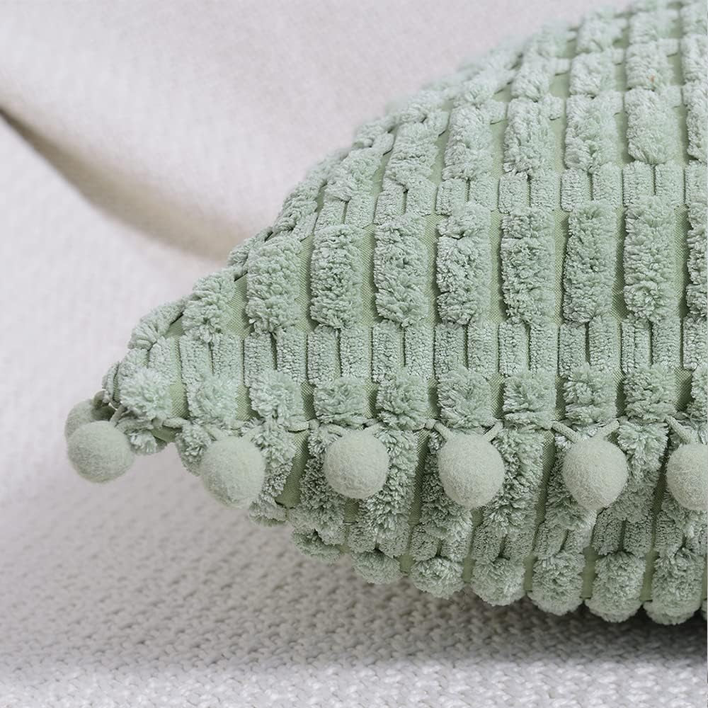 2 Packs Sage Green Decorative Throw Pillow Covers 18X18 Inch with Pom-Poms for Couch Bed Living Room, Farmhouse Boho Home Decor, Soft Corduroy Cute Square Cushion Case 45X45 Cm