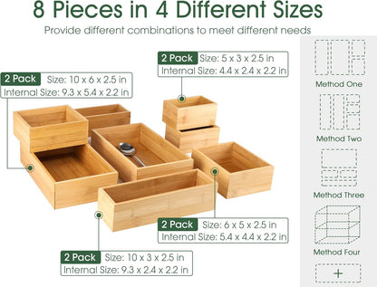 8 Pcs Bamboo Drawer Organizer Utensil Tray Kitchen Storage Box 4-Size Versatile Dividers Cutlery Holders Bins Containers for Flatware Kitchen Utensils