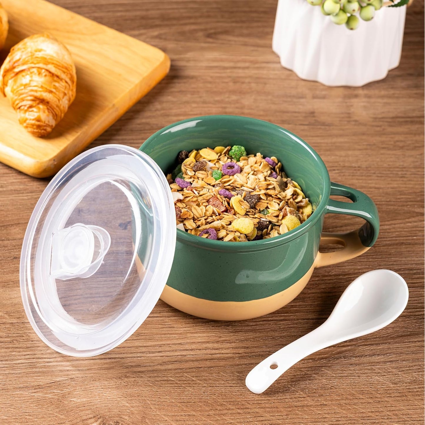 Ceramic Soup Mugs with Handles and Lids, 24 oz Set of 2 with Terracotta Underside, Versatile Mug Bowls with Spoon for Soup, Cereal, Salad, Noodles, and Ramen - Microwave and Dishwasher Safe in Green and Purple