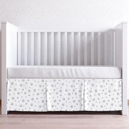 Crib Skirt Boy Girl Pleated Dust Ruffle Machine Washable, 14" Drop, Toddler Crib Bed Skirt White with Grey Star, Microfiber Nursery Standard Crib Bedding Skirt