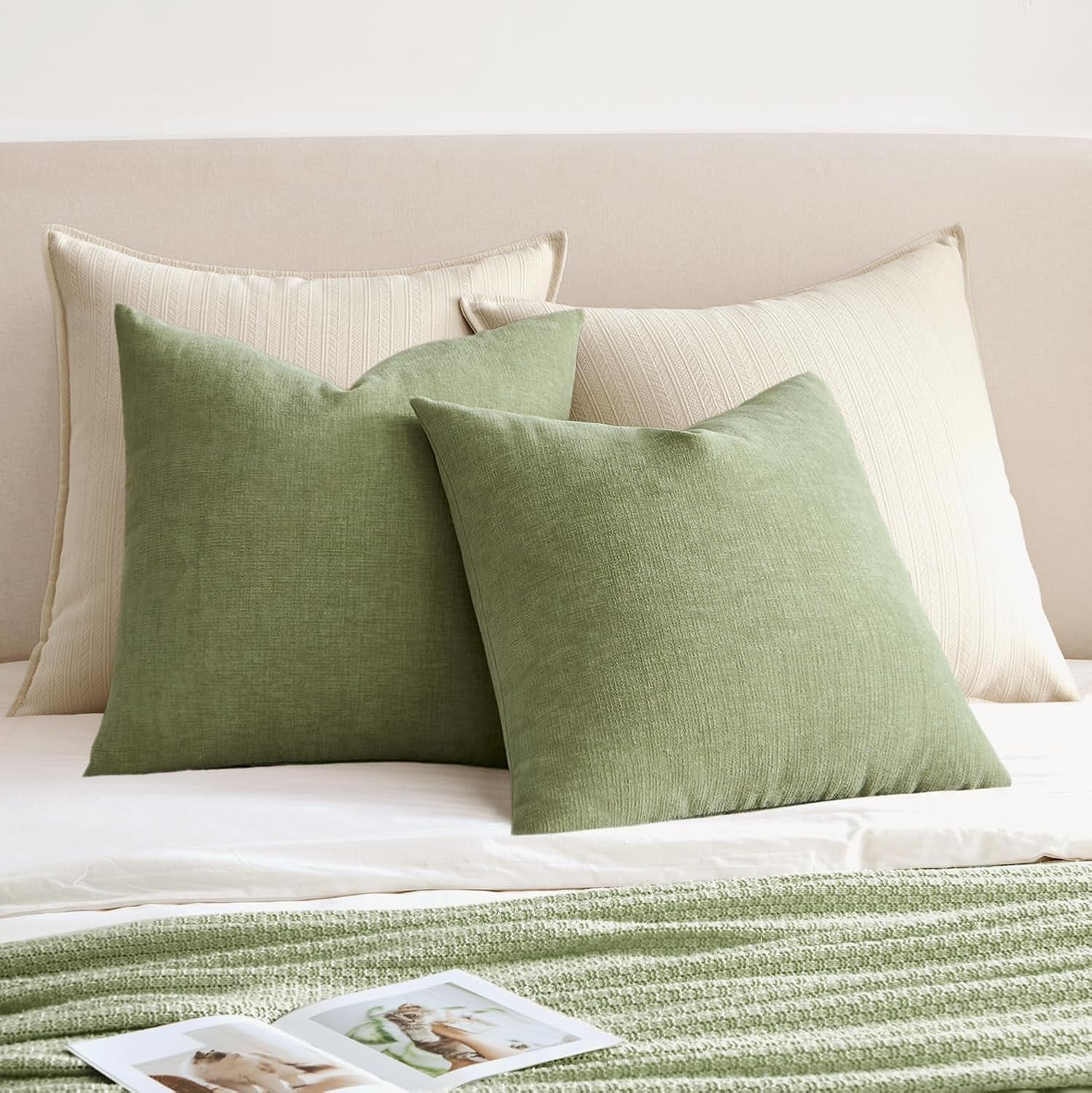 Sage Green Couch Pillow Covers 18X18 Inch, Set of 2 Soft Spring Chenille Decorative Square Throw Pillow Covers Farmhouse for Sofa Living Room Bed