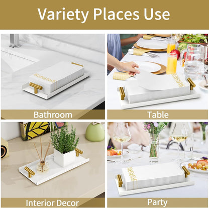 Napkin Holder for Bathroom, Guest Towel Holder Tray for Bathroom, White Guest Napkin Holders with Golden T-Handle, Disposable Hand Towel Tray for Guest Room, Table, Kitchen