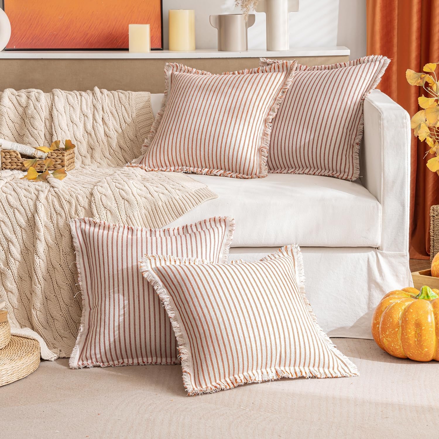 Fall Pack of 2 Rust Pillow Covers 20X20 Inch Striped Farmhouse Couch Throw Pillow Covers with Fringe Chic Linen Decorative Cushion Covers for Sofa Living Room Bed Outdoor Home Decor