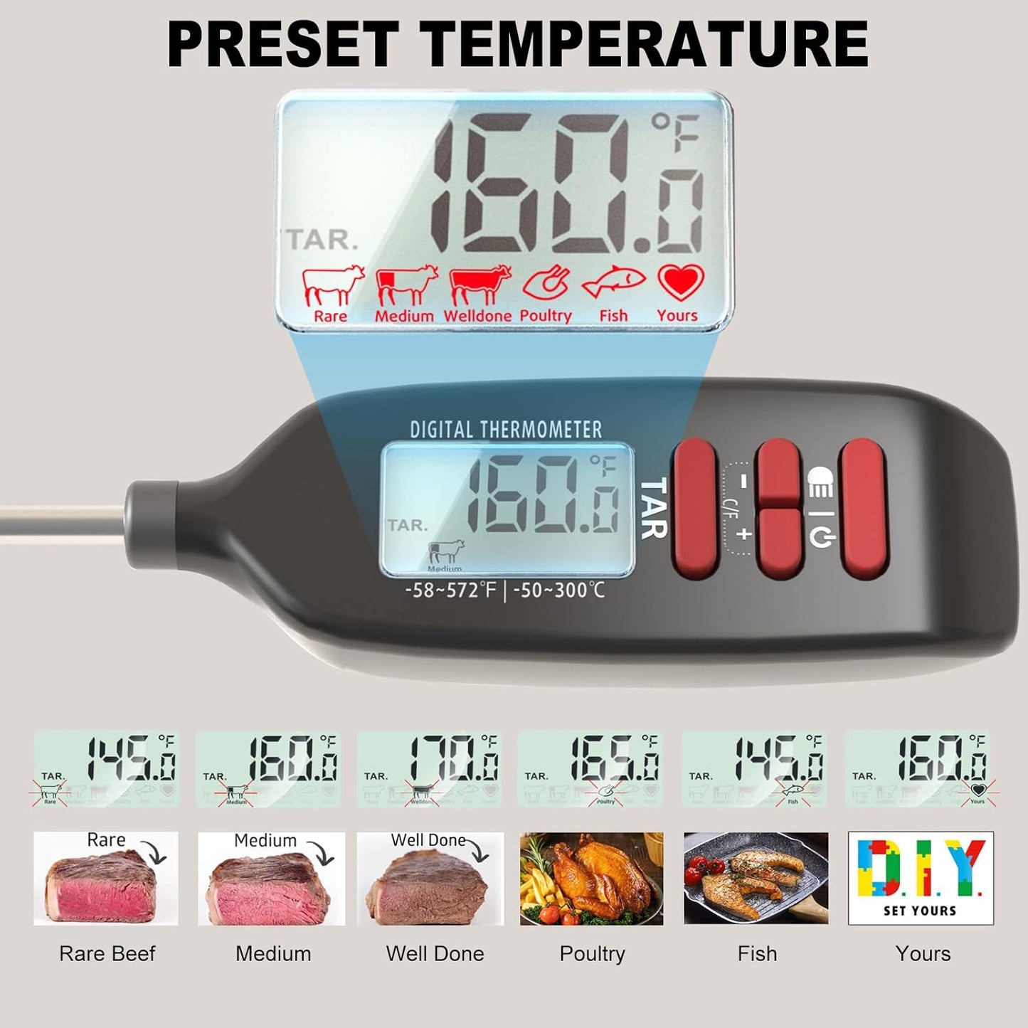 Meat Thermometer Digital, Smart Instant Read Food Thermometer with Super Long Probe for Cooking Grilling Baking Kitchen Candy BBQ Oil Liquid, Backlit Display, Battery Included