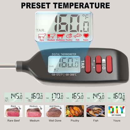 Meat Thermometer Digital, Smart Instant Read Food Thermometer with Super Long Probe for Cooking Grilling Baking Kitchen Candy BBQ Oil Liquid, Backlit Display, Battery Included