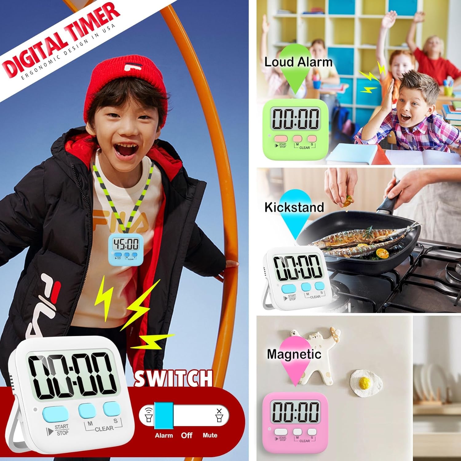 2 Pack Digital Timer for Kids, Magnetic Countdown Kitchen Timers for Cooking, Egg, Classroom, Teacher, Exercise, Study, Oven - Battery Included