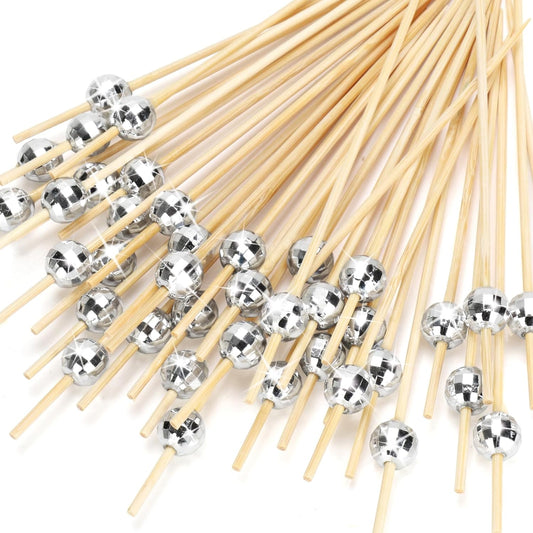 Cocktail Picks, Disco Ball Decorative Toothpicks for Appetizers, Fancy Bamboo Skewers for Appetizers Drinks Food Disco Party Decorations, 4.7 Inch Long Silver Wooden Cocktail Sticks 100PCS