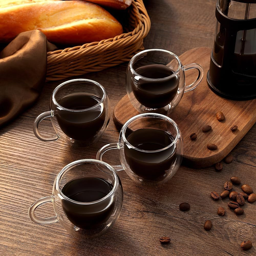 Espresso Cups Set of 4 with Handle, 2.5Oz Expresso Coffee Cup, Small Expresso Shot Glasses, Clear Double Wall Insulated Espresso Mugs,Tazas De Cafe Expreso, Suit for Espresso Machine Accessories