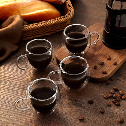 Espresso Cups Set of 4 with Handle, 2.5Oz Expresso Coffee Cup, Small Expresso Shot Glasses, Clear Double Wall Insulated Espresso Mugs,Tazas De Cafe Expreso, Suit for Espresso Machine Accessories