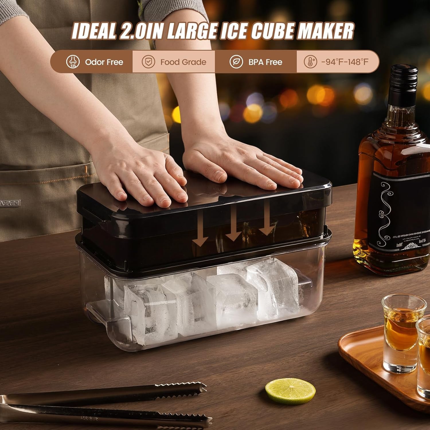 Large Ice Cube Tray with Lid and Bin, Ice Trays for Freezer, 2 INCH Whiskey Ice Cubes Mold, 2*8 Pcs Square Ice Cube Mold with Tong, Easy to Release, Large Ice Tray for Whiskey Cocktail Bourbon