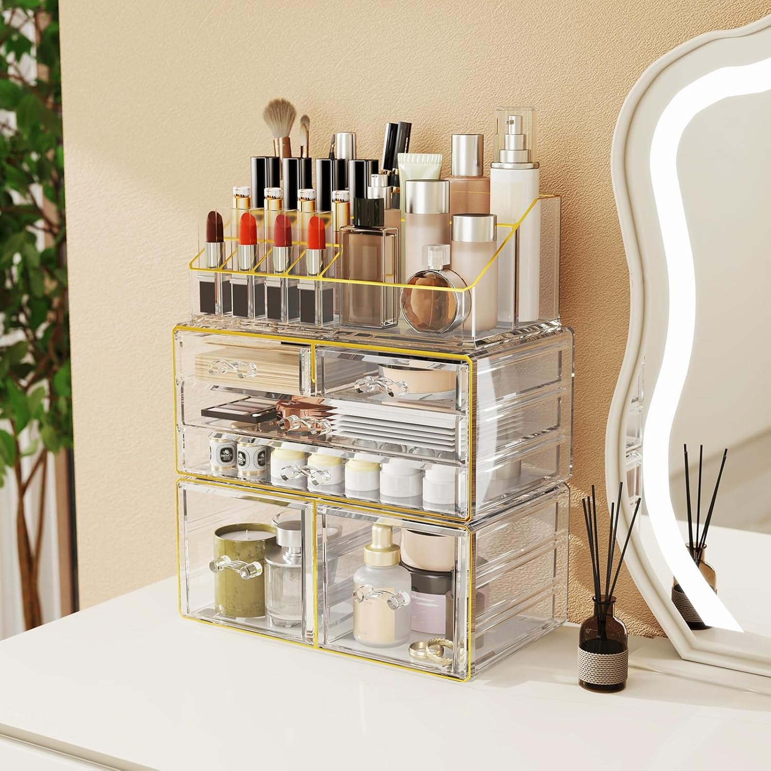 Makeup Organizer Countertop, Bathroom Organizers and Storage for Dresser, Vanity, No Install, Ideal for Large Skincare, Perfume, Present, Pink
