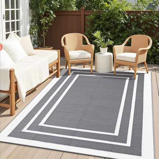 Outdoor Rug 5X8 Ft Waterproof, Reversible Outdoor Plastic Straw Rug, RV Mat, Indoor Outdoor Carpet Clearance for Patio, Camping, Balcony, Deck, Backyard, Grey & White