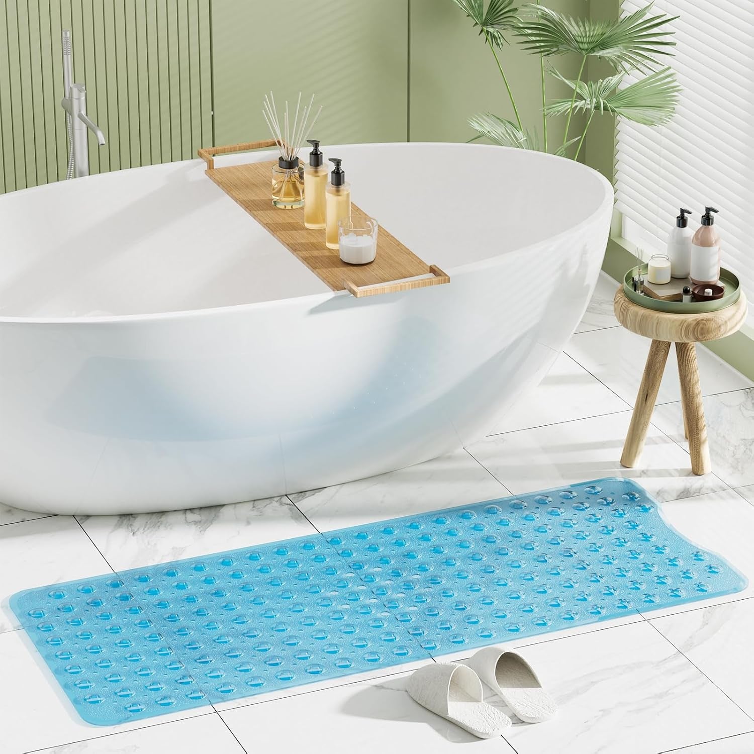 Shower Mat Non Slip 40 X 16 Inches, Bathtub Mat Shower Stall Mats with Suction Cups and Drain Holes, Non Slip Bath Mat for Tub for Elderly & Kids, Clear Blue