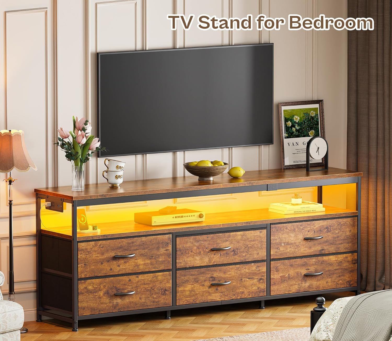 63-Inch TV Stand for 55 to 70 Inch TVs, Rustic Entertainment Center with Power Outlets and Fabric Drawer Storage for Bedroom and Living Room