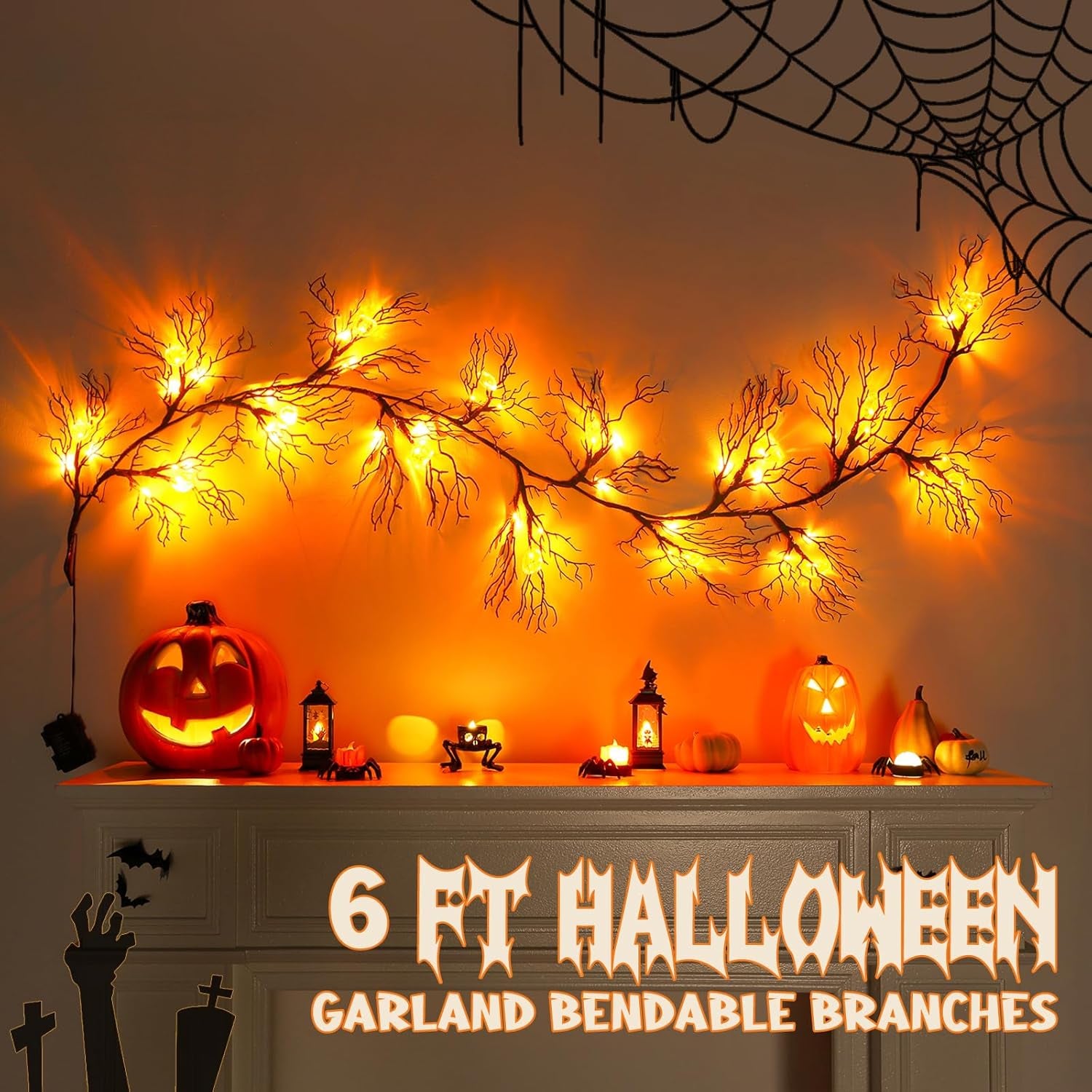 Halloween Garland with Lights Decorations with Pumpkin Lights,Battery Operated 6FT 47 LED Halloween Willow Vine Twig Garland for Mantle,Wall,Fireplace and Halloween Decorations