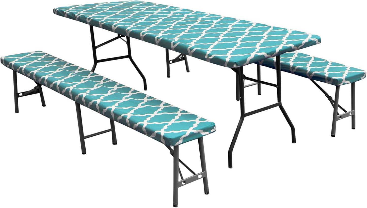 100% Waterproof Picnic Outdoor Tablecloth with Bench Covers Fit 6 Foot Rectangle Table, 3-Piece Set Camping Table Cover with Seat Covers (30X72 In, Moroccan/Teal & White)