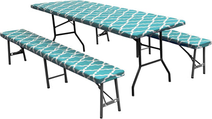 100% Waterproof Picnic Outdoor Tablecloth with Bench Covers Fit 6 Foot Rectangle Table, 3-Piece Set Camping Table Cover with Seat Covers (30X72 In, Moroccan/Teal & White)