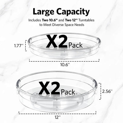 4 Pack Lazy Susan Organizer, Clear Lazy Susan Turntable for Cabinet, Refrigerator, Table Top, Kitchen, Bathroom, Pantry Organizers and Storage, 2 Sizes Included 12In, 10.6In