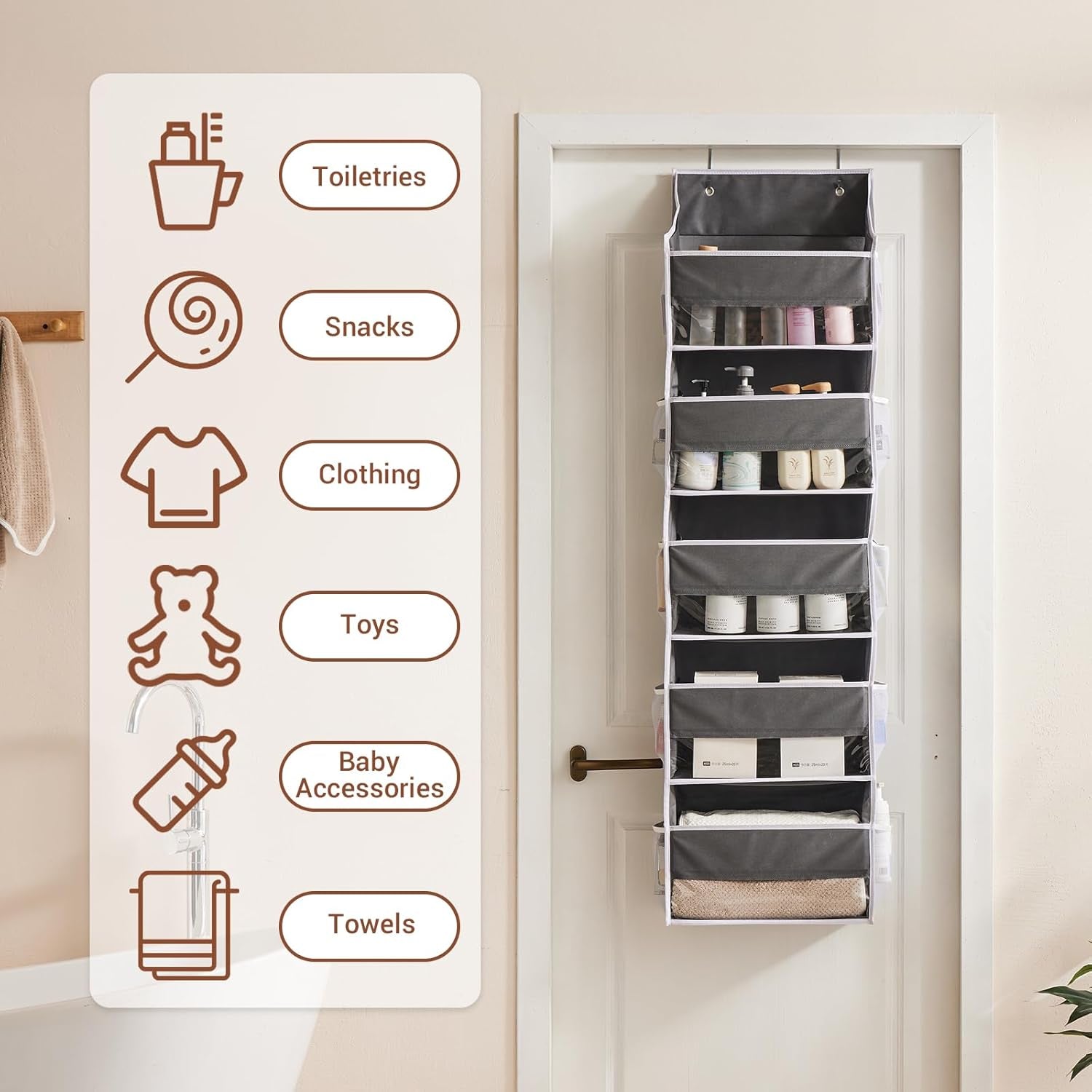 over the Door Organizers, 5-Shelf Door Storage for Bathroom, Dorm, College, Baby Organizer for Diapers 1 Pack, Grey