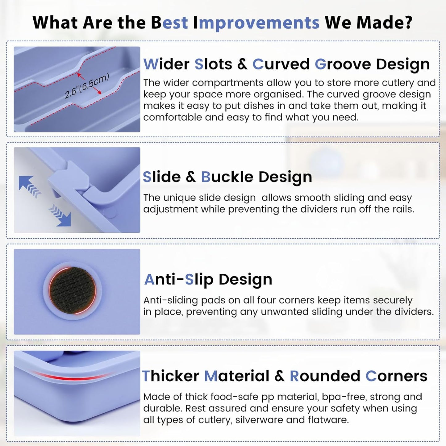 Expandable Large Silverware Organizer for Kitchen Drawers - BPA-Free Thick Plastic with Wider Compartments and Non-Skid Feet (Breezy Blue)