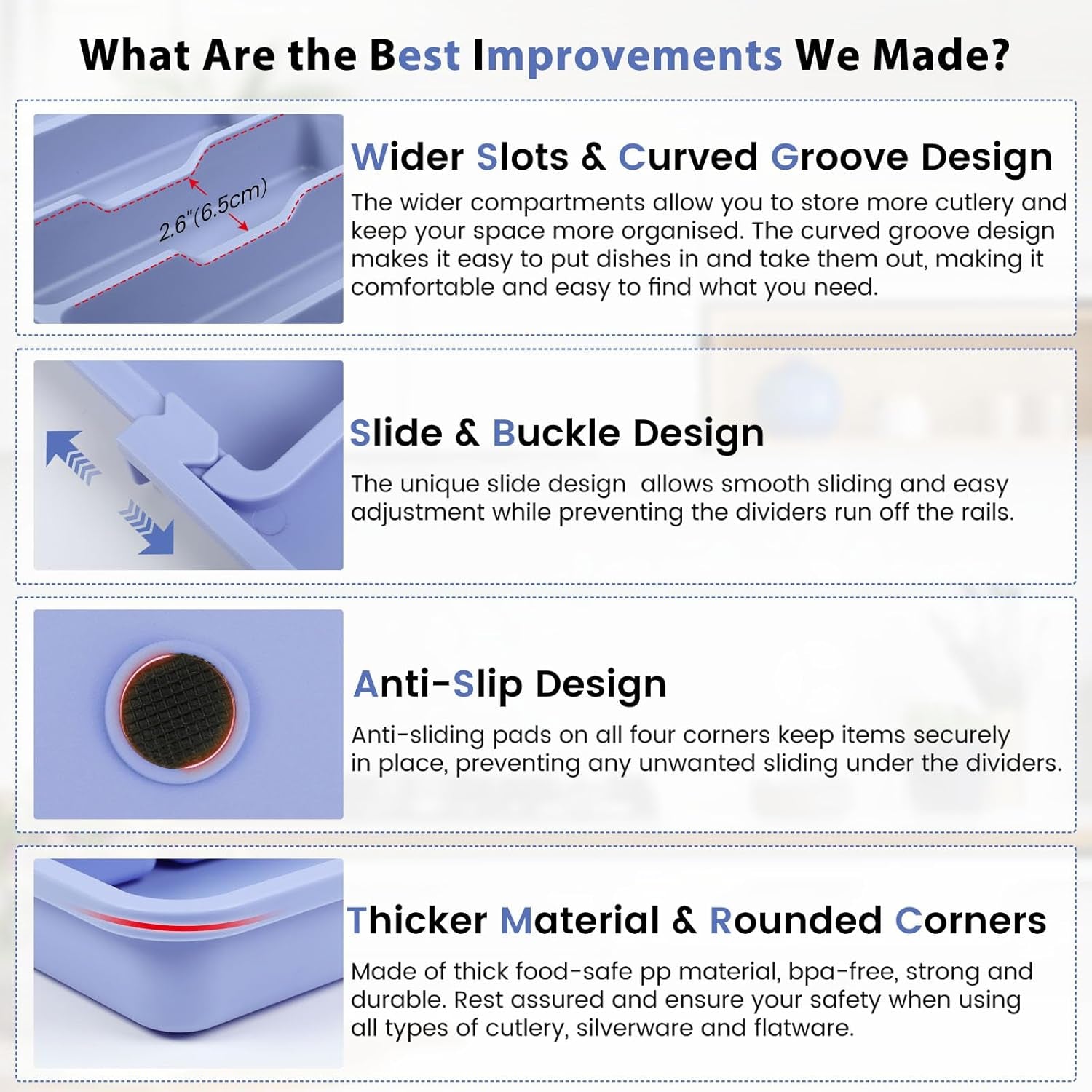 Expandable Large Silverware Organizer for Kitchen Drawers - BPA-Free Thick Plastic with Wider Compartments and Non-Skid Feet (Breezy Blue)