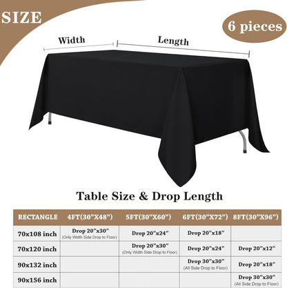 Black Rectangle Tablecloths - 6 Pack, 70 x 120 Inches - Reusable and Washable Polyester Covers for 6-8 Ft Tables, Ideal for Weddings, Parties, and Banquets