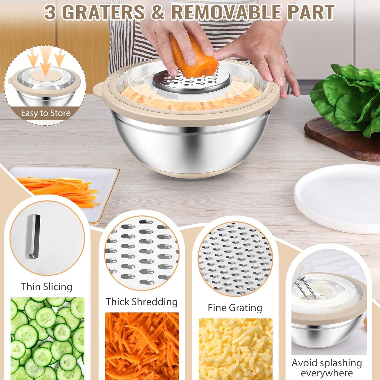 4-In-1 Stainless Steel Colander with Bowl Set, Rotatable Strainers for Kitchen, Fruit Cleaner, Washing Fruit & Draining Pasta, Mixing Bowl and Lid with Grater for Salad, Khaki