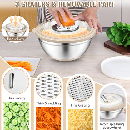 4-In-1 Stainless Steel Colander with Bowl Set, Rotatable Strainers for Kitchen, Fruit Cleaner, Washing Fruit & Draining Pasta, Mixing Bowl and Lid with Grater for Salad, Khaki