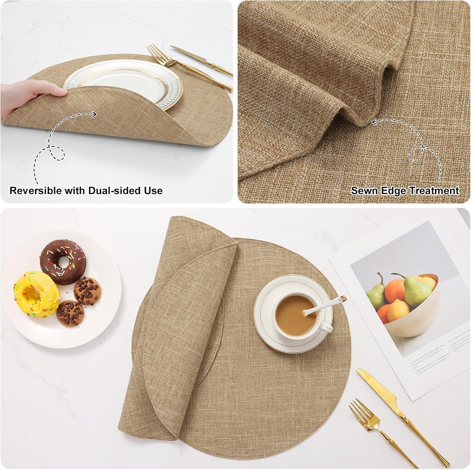 15 Inch round Cloth Placemats Set of 6, Cotton Linen Blend Washable Table Mats, Farmhouse Dining Place Mats for Indoors & Outdoors, Easy to Clean, Linen