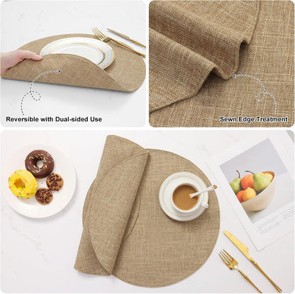 15 Inch round Cloth Placemats Set of 6, Cotton Linen Blend Washable Table Mats, Farmhouse Dining Place Mats for Indoors & Outdoors, Easy to Clean, Linen
