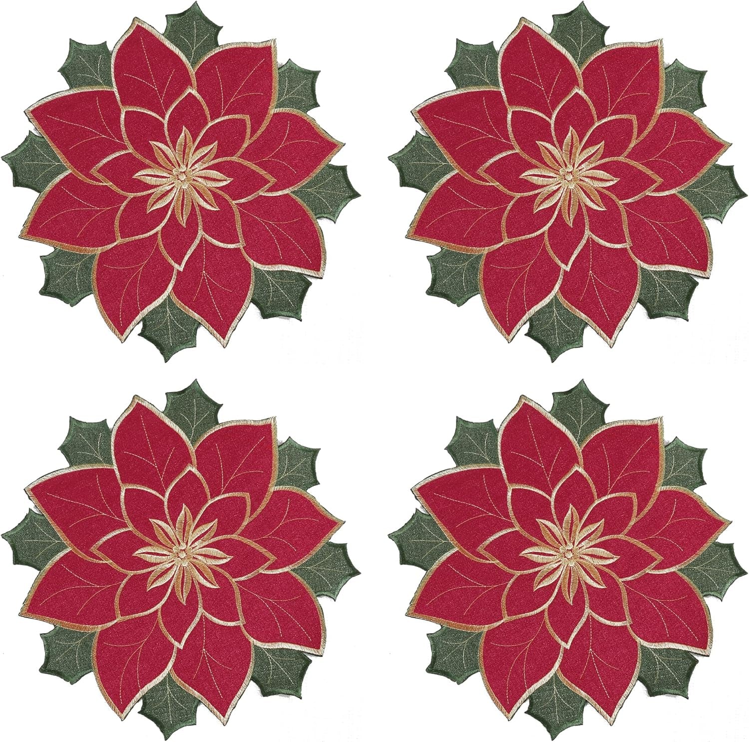 Christmas Placemats Set of 4, Red Embroidered Applique Poinsettia Table Mats,4 Pieces 15 Inch round Placemat for Xmas Holiday Home Decorations (Textured, 15 Inches)’