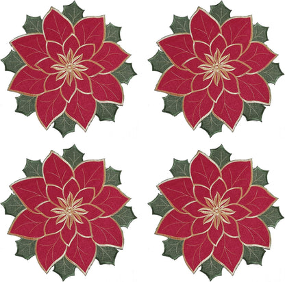 Christmas Placemats Set of 4, Red Embroidered Applique Poinsettia Table Mats,4 Pieces 15 Inch round Placemat for Xmas Holiday Home Decorations (Textured, 15 Inches)’