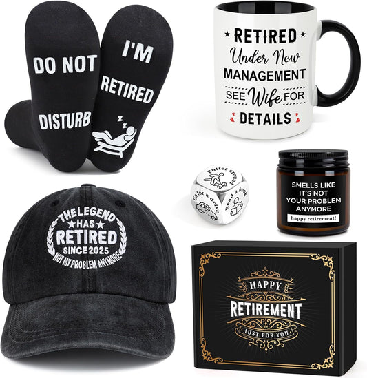 Retirement Gifts for Men 2025: Thoughtful Retirement Decorations and Gift Ideas Including Mug, Hat, Candle, Socks, and Dice