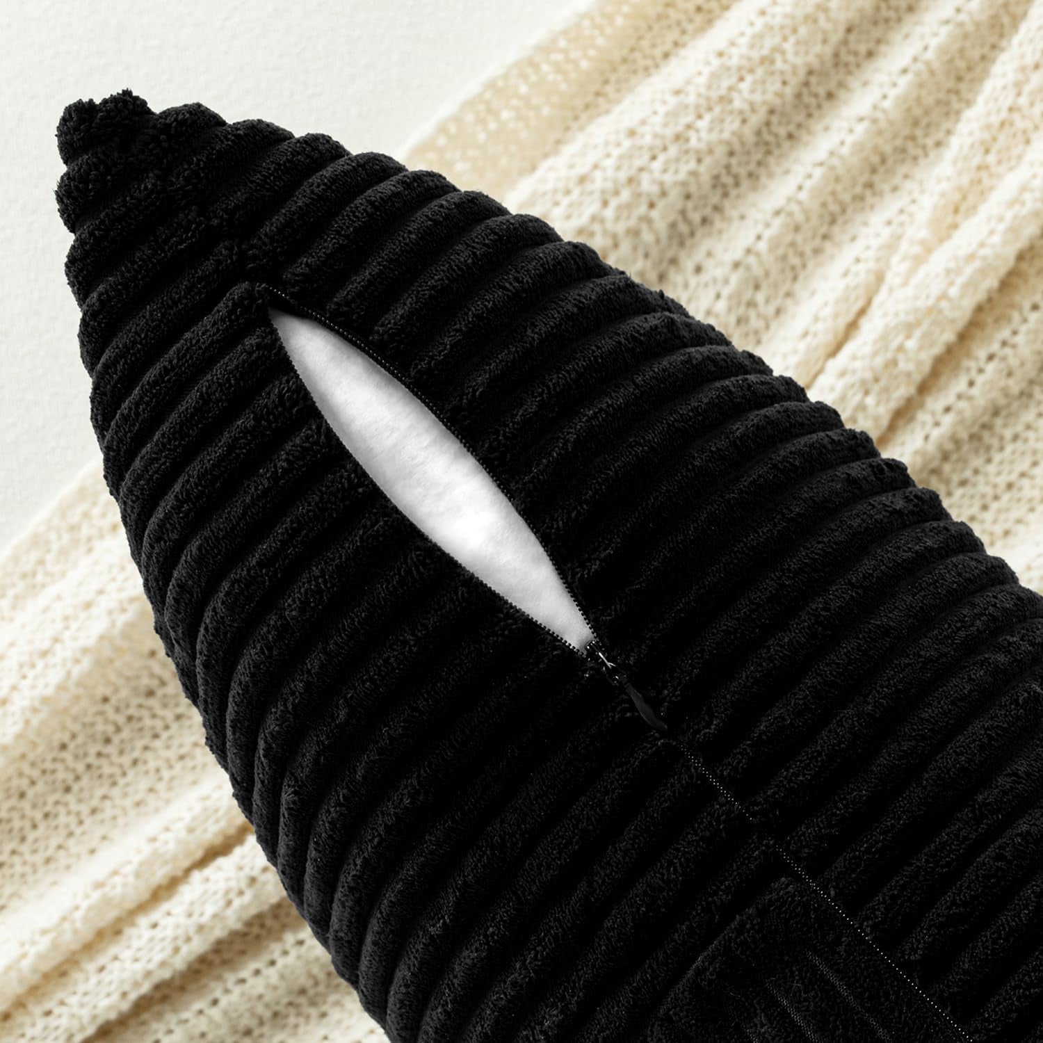 Black Corduroy Decorative Pillow Covers Set of 2, Bohemian Style Spliced Throw Pillowcases, Soft Solid Couch Cushion Covers with Cross Patchwork Texture for Living Room and Bedroom, 12x24 Inches