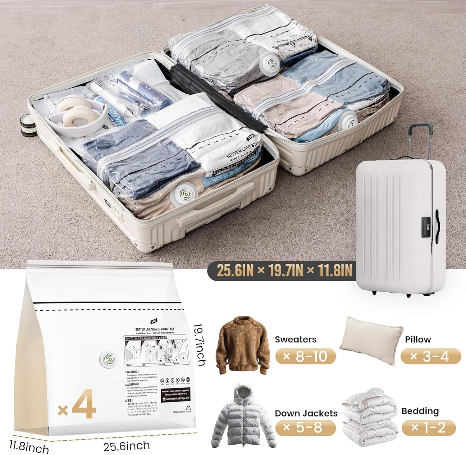 Vacuum Storage Bags for Travel, Medium Cube (25X19X11 Inch), 4 Pack Vacuum Seal Bags for Clothing, Compression Packing for Clothes, Blankets, Baby Clothes, No Pump Needed, Travel Accessories