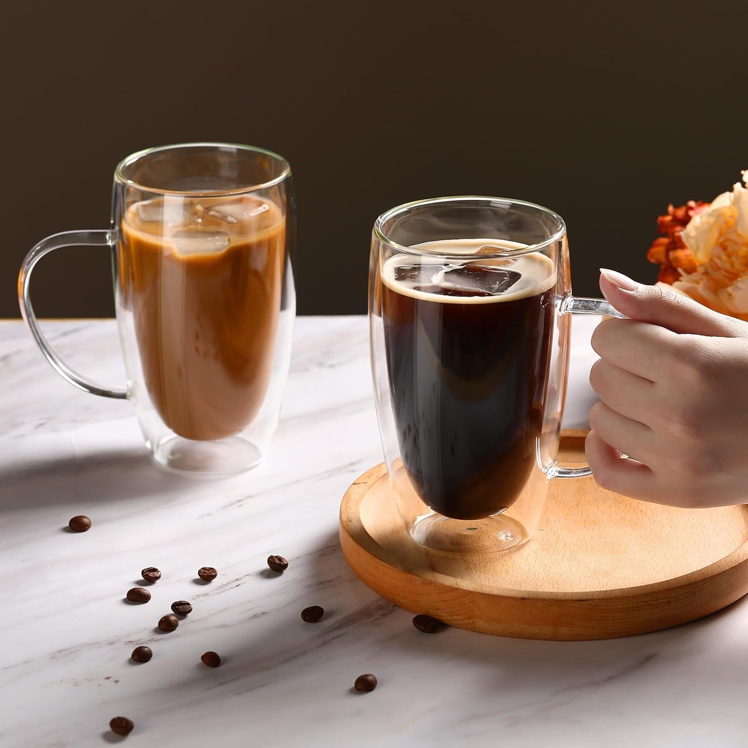 2-Pack 15 Oz Double Walled Glass Coffee Mugs with Handle,Large Insulated Layer Coffee Cups,Clear Borosilicate Mugs,Perfect for Cappuccino,Tea,Latte,Espresso,Hot Beverage,Wine,Microwave Safe